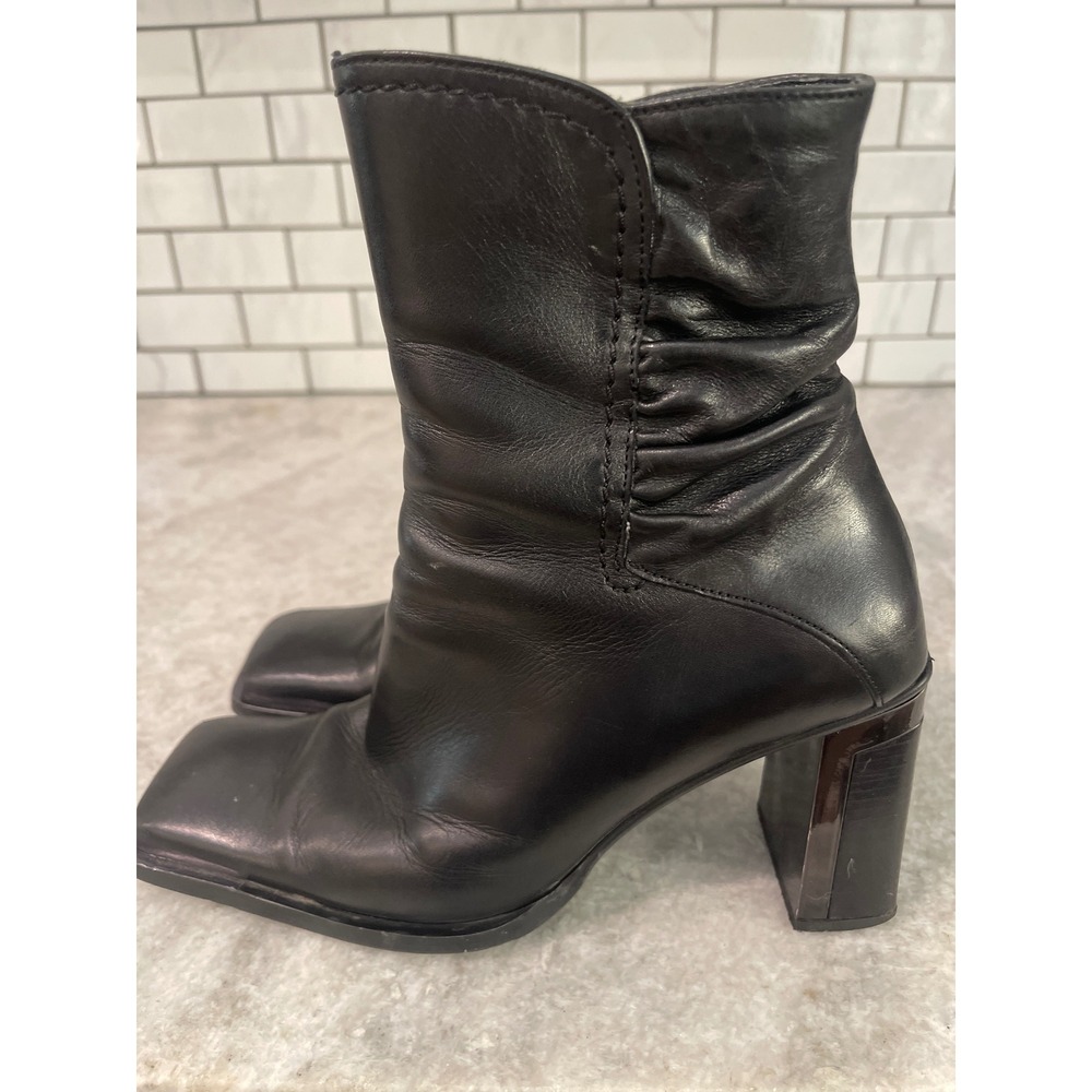 Angela Falconi Ankle Boots Womens 7 Black Leather Square Toe Block Heel Italian